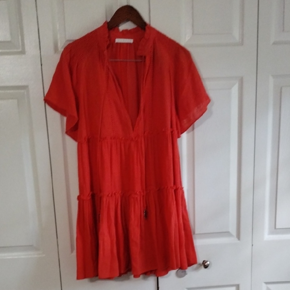 Karlie 85 Linen Cotton Mini Tired Dress Size Medium Plunge Neck